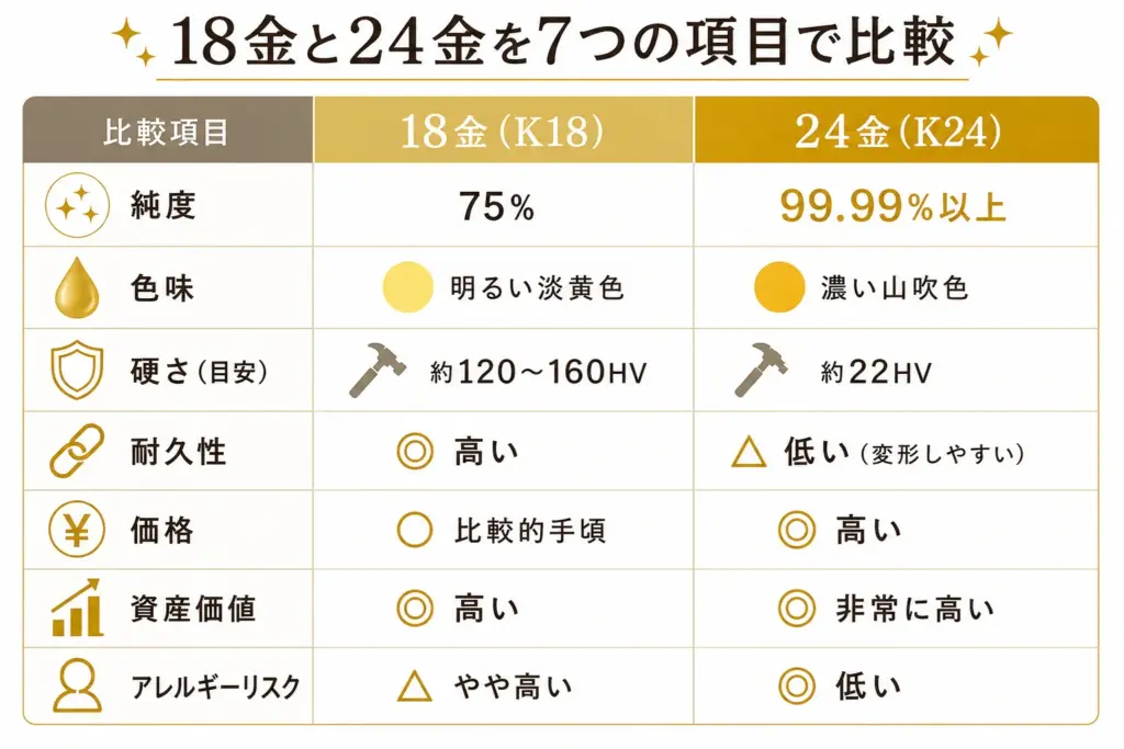 18金と24金を7つの項目で比較